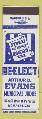 Matchbook Cover - Arthur D Evans Municipal Judge Election SAMPLE