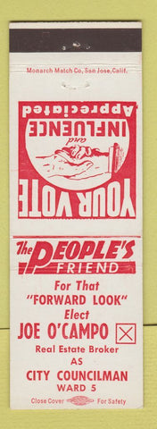 Matchbook Cover - Joe O'Campo City Councilman Election Santa Ana? CA?