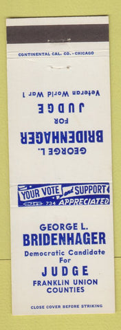Matchbook Cover - George Bridenhager for Judge Franklin Union County IN