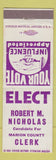 Matchbook Cover - Robert M Nicholas Marion County Clerk