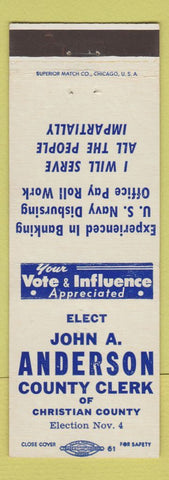 Matchbook Cover - John Anderson County Clerk Christian County IL