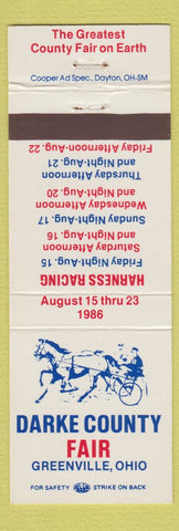 Matchbook Cover - Darke County Fair Greenville OH Harness Horse Racing 1986