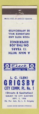 Matchbook Cover - LC Len Grigsby City Commissioner Election Gadsden? AL