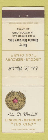Matchbook Cover - Barry Lincoln Mercury Lakewood OH WEAR