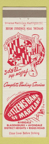 Matchbook Cover Citizens Bank Riverdale MD 1954 Football Schedule Maryland WEAR