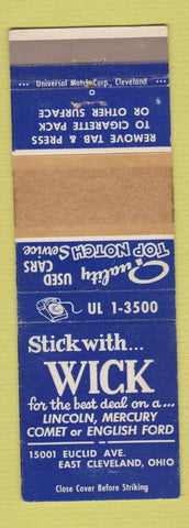 Matchbook Cover - Wick Lincoln Mercury Ford East Cleveland OH WEAR