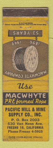 Matchbook Cover - Macwhyte Wire Rope Pacific Mill Fresno CA 1949 WORN