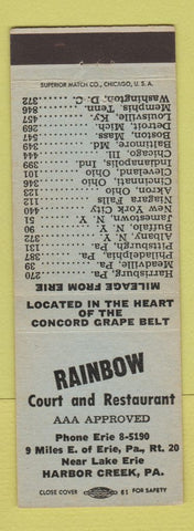 Matchbook Cover - Rainbow Court Restaurant Harbor Creek PA