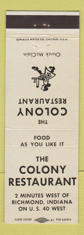 Matchbook Cover - Colony Restaurant Richmond IN