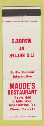 Matchbook Cover - Maude's Restaurant Appomattox VA