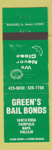 Matchbook Cover - Green's Bail Bonds Napa Fairfield Santa Rosa Vallejo CA