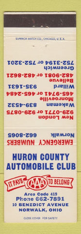Matchbook Cover - Huron County Auto Club AAA Norwalk OH New London