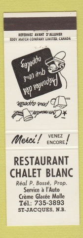 Matchbook Cover - Restaurant Chalet Blanc St Jacques NB