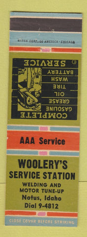 Matchbook Cover - Woolery's Service oil gas Notus ID