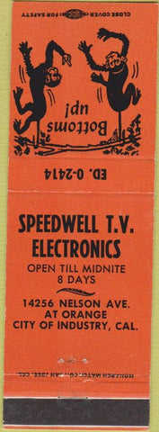 Matchbook Cover - Speedwell TV Electronics City of Industry CA orange