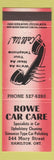 Matchbook Cover - Rowe Car Car Hamilton ON