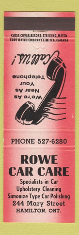 Matchbook Cover - Rowe Car Car Hamilton ON