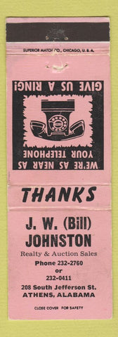 Matchbook Cover - JW Bill Johnston Real Estate Insurance Athens AL WEAR