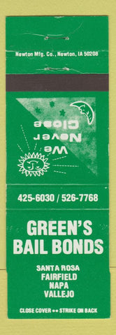 Matchbook Cover - Green's Bail Bonds Napa Fairfield Santa Rosa Vallejo CA
