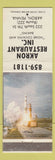 Matchbook Cover - Akron Restaurant Akron PA