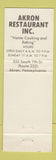 Matchbook Cover - Akron Restaurant Akron PA