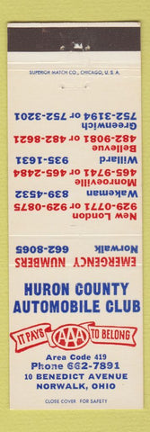 Matchbook Cover - Huron County Auto Club AAA Greenwich Willard Bellevue OH