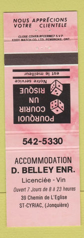 Matchbook Cover - Accommodation D Belley Enr St Cyriac Jonquiere QC