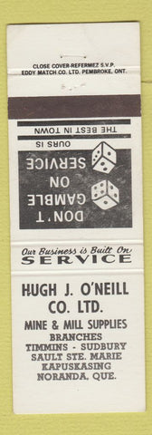 Matchbook Cover - Hugh J O'Neill Mine Milling Supply Noranda QC WEAR