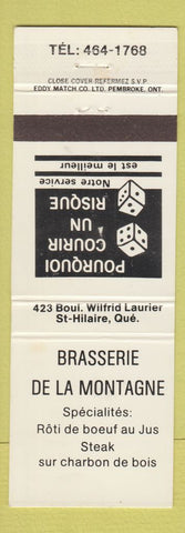Matchbook Cover - Brasserie De La Montagne St Hilaire QC
