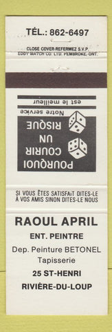 Matchbook Cover - Raoul April Ent Peintre Riviere Du Loup QC