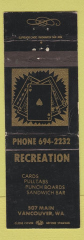 Matchbook Cover - Recreation Cards Vancouver WA pulltabs WEAR