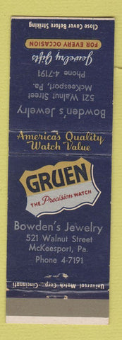 Matchbook Cover - Gruen Watches Bowden's Jewelry McKeesport PA
