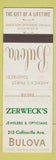 Matchbook Cover - Bulova Watches Zerweck's Jewelers Opticians