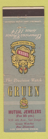 Matchbook Cover - Gruen Watches Mutual Jewelers San Diego CA WEAR