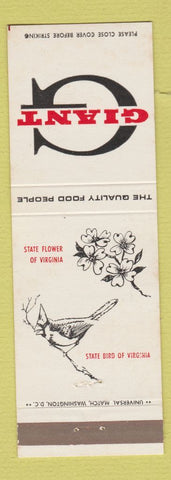Matchbook Cover - Giant Food State Flower Bird VA Virginia Cardinal Dogwood