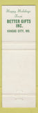 Matchbook Cover - Better Gifts Inc Kansas City MO Christmas Ireland