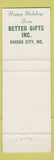 Matchbook Cover - Better Gifts Inc Kansas City MO Christmas France