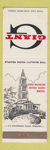 Matchbook Cover - Giant Food Grocery George Washington Masonic Memorial