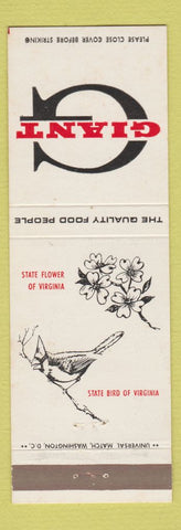 Matchbook Cover - Giant Food Grocery VA Virginia Cardinal Dogwood