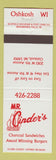 Matchbook Cover - Mr Cinder's Hamburgers Oshkosh WI