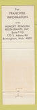 Matchbook Cover - Hungry Penguin Fish n Chips Birmingham MI