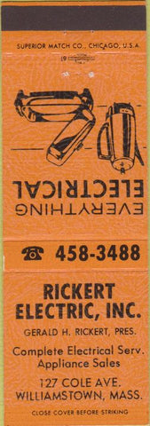 Matchbook Cover - Rickert Electric Williamstown MA orange
