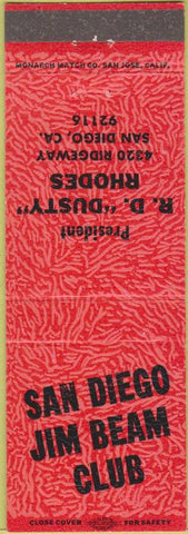 Matchbook Cover - San Diego Jim Beam Club San Diego CA orange