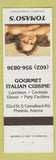 Matchbook Cover - Tomaso's Italian Restaurant Phoenix AZ