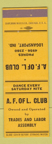 Matchbook Cover - AF of L Club Union Trades Labor Assembly Logansport IN