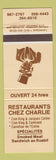 Matchbook Cover - Restaurants Chez Charlie QC WEAR