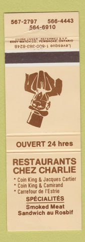 Matchbook Cover - Restaurants Chez Charlie QC WEAR