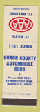 Matchbook Cover - Huron County Auto Club AAA Norwalk OH