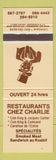 Matchbook Cover - Restaurants Chez Charlie QC #1