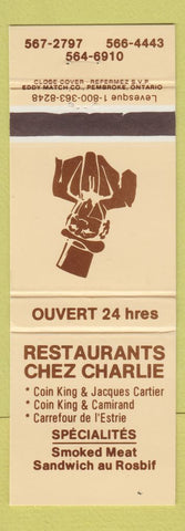 Matchbook Cover - Restaurants Chez Charlie QC #1
